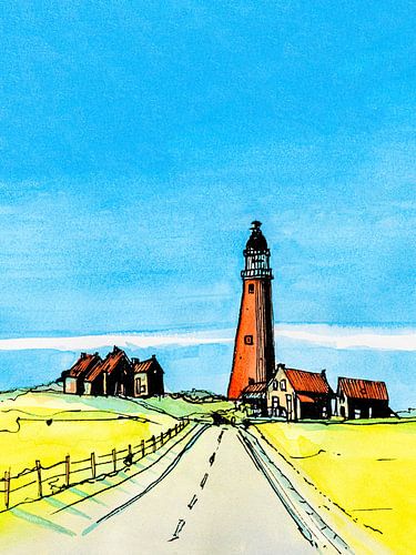 Texel | Eierland Lighthouse from the Vuurtorenweg | Handmade Watercolour Painting by WatercolorWall