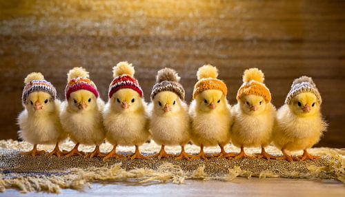 Zeven kuikens op een rij