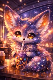 Galaxy Fox buvant du thé boba : un adorable animal de l'espace sur Faheem Beigh