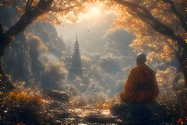 Un moine bouddhiste méditant sous l'arbre ancien, face à la pagode ancienne, pendant le coucher du soleil. sur PWDigital