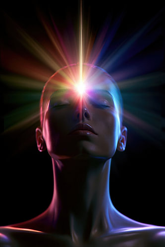 Illumination cosmique - Portrait psychédélique moderne avec un rayon de lumière doré