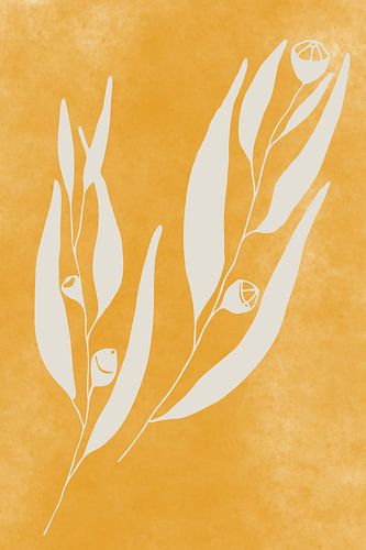 Moderne botanische kunst. Eucalyptustakje in pastelbeige op geel