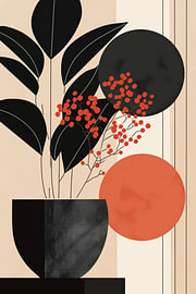Modernes botanisches Stillleben mit schwarzer Pflanze und roten Beeren von Art Prints