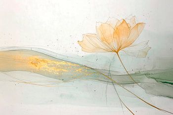 Minimalistische Lotus-Malerei - Zen-Wanddekoration mit goldenen Akzenten