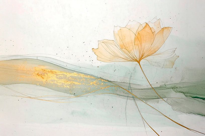 Minimalist Lotus Painting - Zen Wall Decoration with Gold Accents by Studio Pieternel