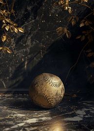 Een verweerde gouden honkbal die op een donker marmeren oppervlak ligt van Morgan