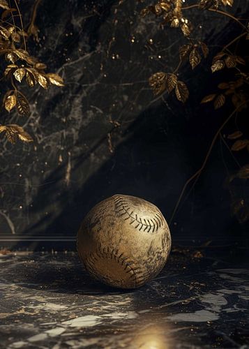 Ein verwitterter goldener Baseball, der auf einer dunklen Marmorfläche liegt