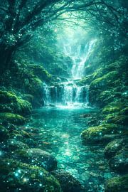 La cascade de la forêt enchantée : art naturel vert émeraude sur Faheem Beigh