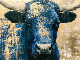 Blue Scottish Highland Cow on Gold – Modern Animal Art by Thea