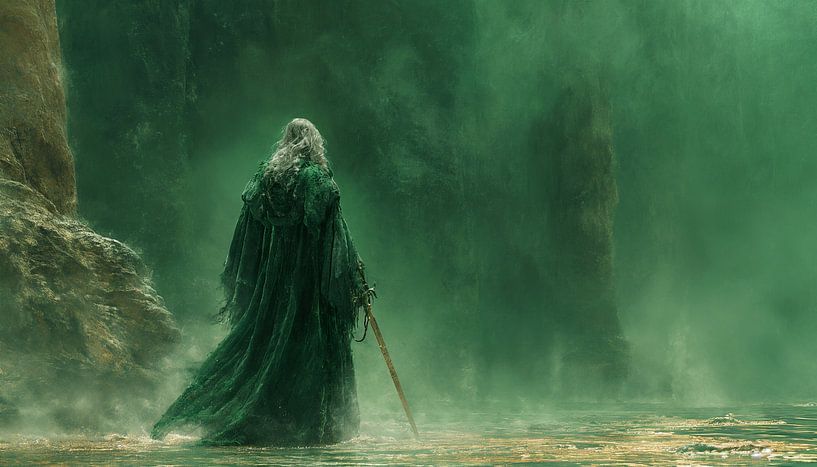 Mysterious sorceress in the misty rocky valley by artefacti