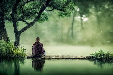 Monnik mediteert in de natuur achtergrond, illustratie van Animaflora PicsStock