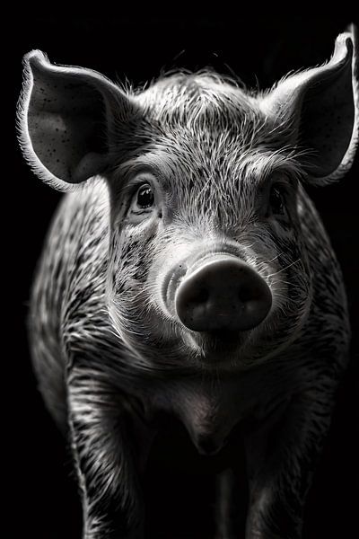 Schwarz-weißes Schweineporträt auf Leinwand von Art & Soul Creations
