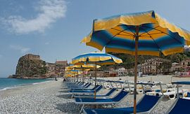 Beach with beach chairs, Scilla, Calabria, Italy by Rene van der Meer