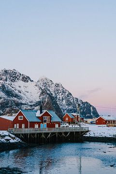 Rode huizen in een vissersdorpje | Henningsvaer, Lofoten, Noorwegen van Suzanne Spijkers