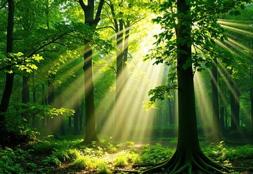 Sonnenbeschienener Laubwald mit Morgennebel von Markus Gann