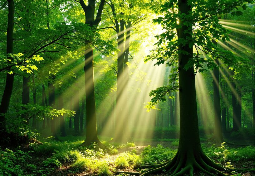 Sonnenbeschienener Laubwald mit Morgennebel von Markus Gann