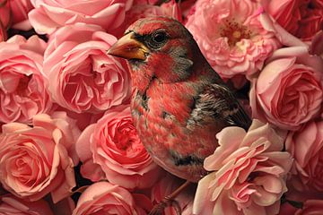 Vogel omhuld door roze rozenpracht van Art & Soul Creations