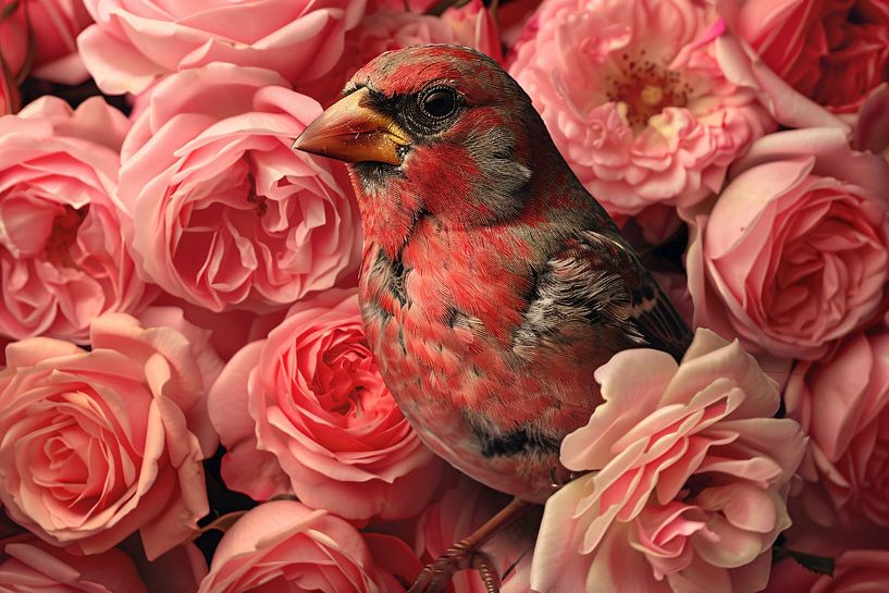 Bird enveloped in pink rose blossom by Art & Soul Creations