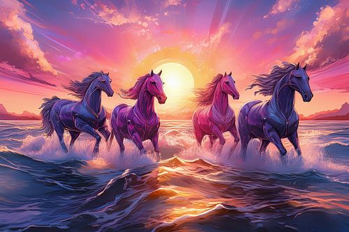 surrealistische paarden in het water bij zonsondergang