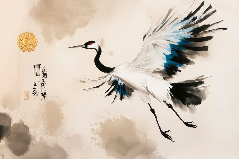 Crane in flight - Asian ink art by Poster Art Shop