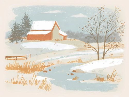 winter landscape, naive style illustration by Ariadna de Raadt-Goldberg