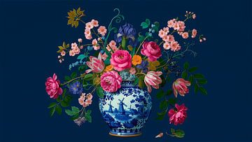 Nature morte baroque moderne : Bouquet hollandais sur vase bleu de Delft