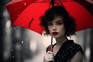 Jeune femme avec parapluie rouge sous la pluie, photographie en noir et blanc sur Animaflora PicsStock