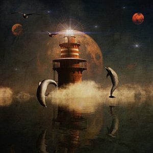 Delfine tanzen in der Nacht, wenn Venus und Mars sich aufstellen