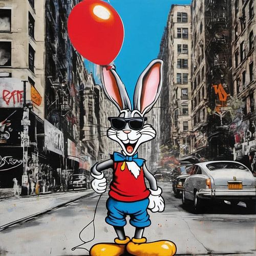 Crazy Bunny In New York with Balloon - Street Art
