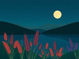 Captivating Full Moon Night over Serene Lake with Vibrant Red and Purple Reeds - A Tranquil Landscape by Artistic