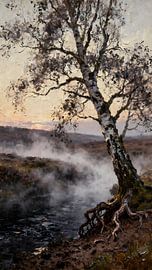 Berkenboom in de ochtendmist van Kristin M