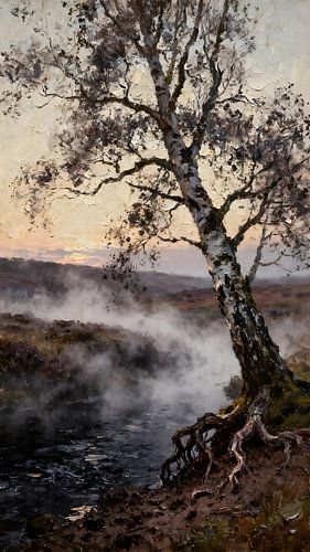 Un bouleau dans la brume matinale