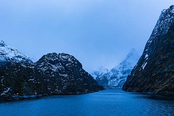 Bergen en rotsen bij de Trollfjord in de winter in Lofoten, Noorwegen