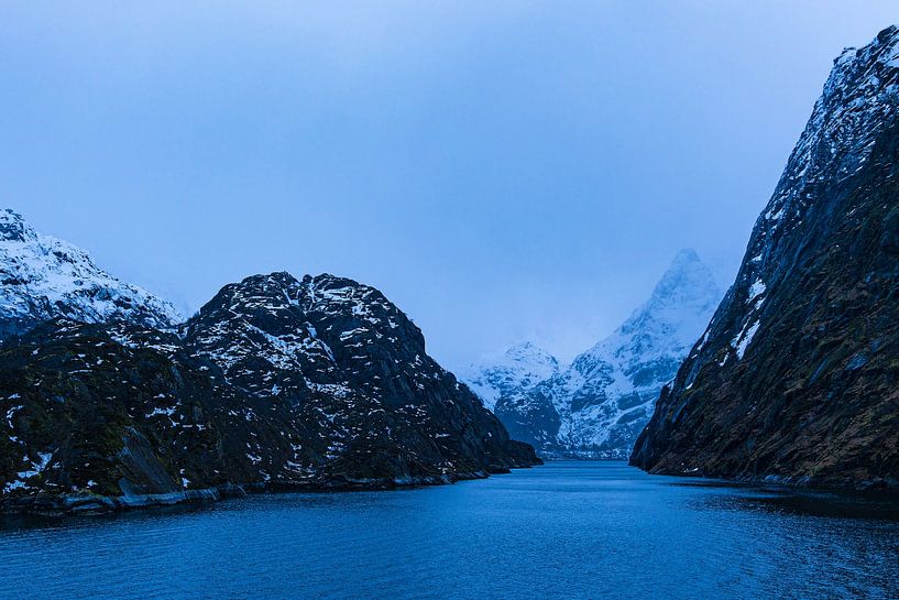 Bergen en rotsen bij de Trollfjord in de winter in Lofoten, Noorwegen van Rico Ködder