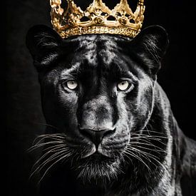 Royal panther in black and white with a golden crown by John van den Heuvel