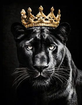 Königlicher Panther in Schwarz und Weiß mit goldener Krone von John van den Heuvel