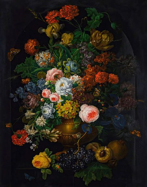 A still life of flowers in a vase with butterflies, Johann Baptist Drechsler by Masterful Masters