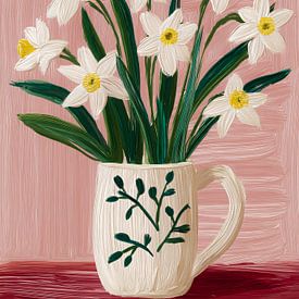 Daffodils in a rustic jug on a pink background by But First Framing