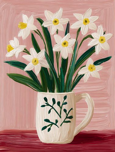 Narcissen in einem rustikalen Krug auf rosa Hintergrund