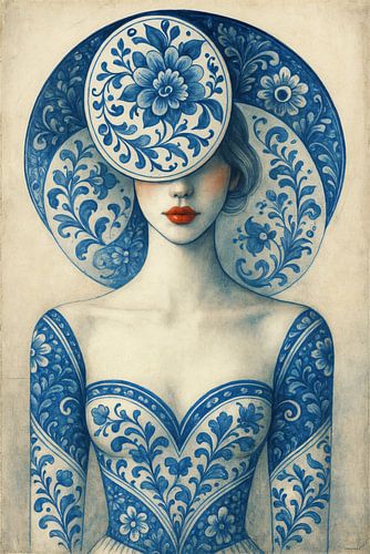 Delfts Blauwe Vrouw met Bloemen
