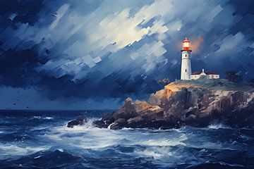 Leuchtturm im Sturm | Leuchtturm-Malerei von Abstraktes Gemälde
