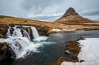 Kirkjufell and waterfall in winter Iceland