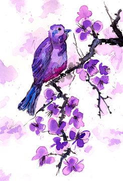 Paarse vogel en paarse bloemen van Sebastian Grafmann