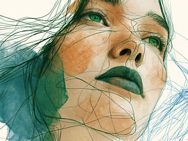 Vrouwenportret met Groene Ogen en Aquarel van SPEQ ART