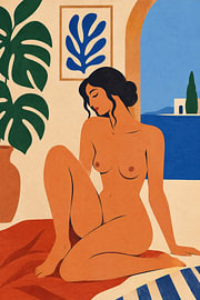 Mediterrane Muse – Gelassene nackte Frau in einem sonnendurchfluteten Innenraum | Elegante figurative Wandkunst von Timeless Artworks