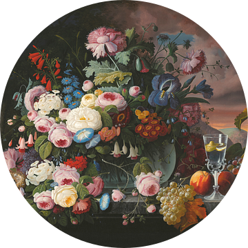 Stilleven van bloemen en fruit met een rivierlandschap in de verte, Severin Roesen