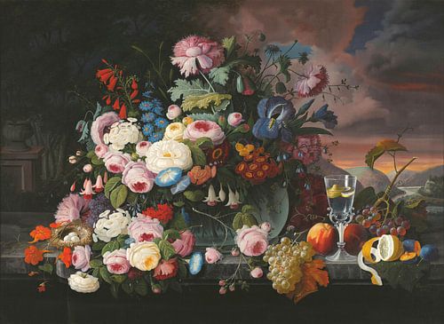 Stilleven van bloemen en fruit met een rivierlandschap in de verte, Severin Roesen