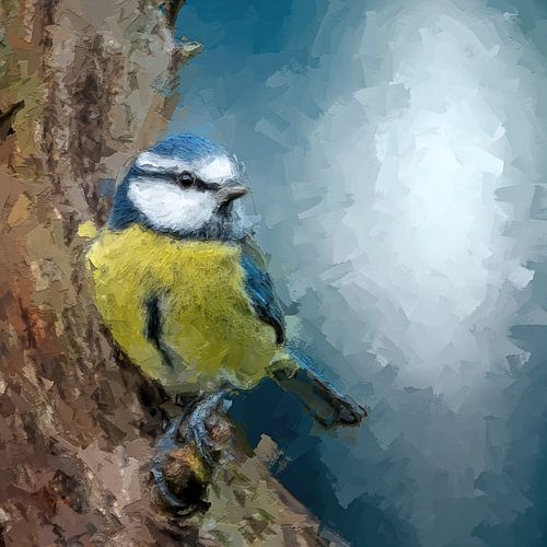 Mésange bleue sur une branche sur fond sombre de bokeh - Peinture sur Gianni Argese