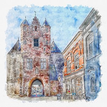 Das Gefängnistor in Bergen op Zoom (Aquarell)