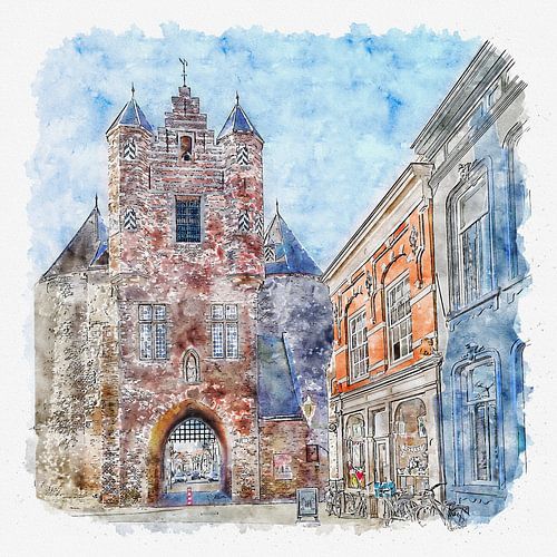 The Prison Gate in Bergen op Zoom (watercolour painting)